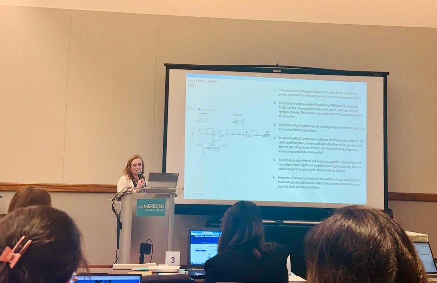 Emily Epstein, LMSW presents and discusses the clinical and psychosocial aspects of a hereditary cancer case at the 2025 City of Hope Intensive Course in Cancer Genomics